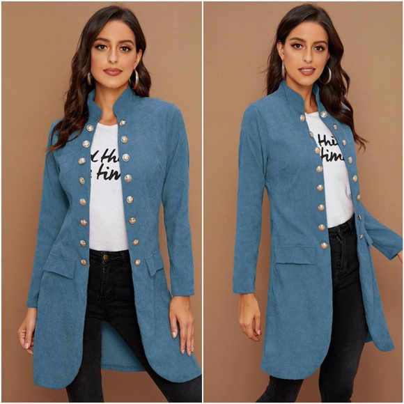 Dusty blue Button closure fall jacket coat - Picture 10 of 12